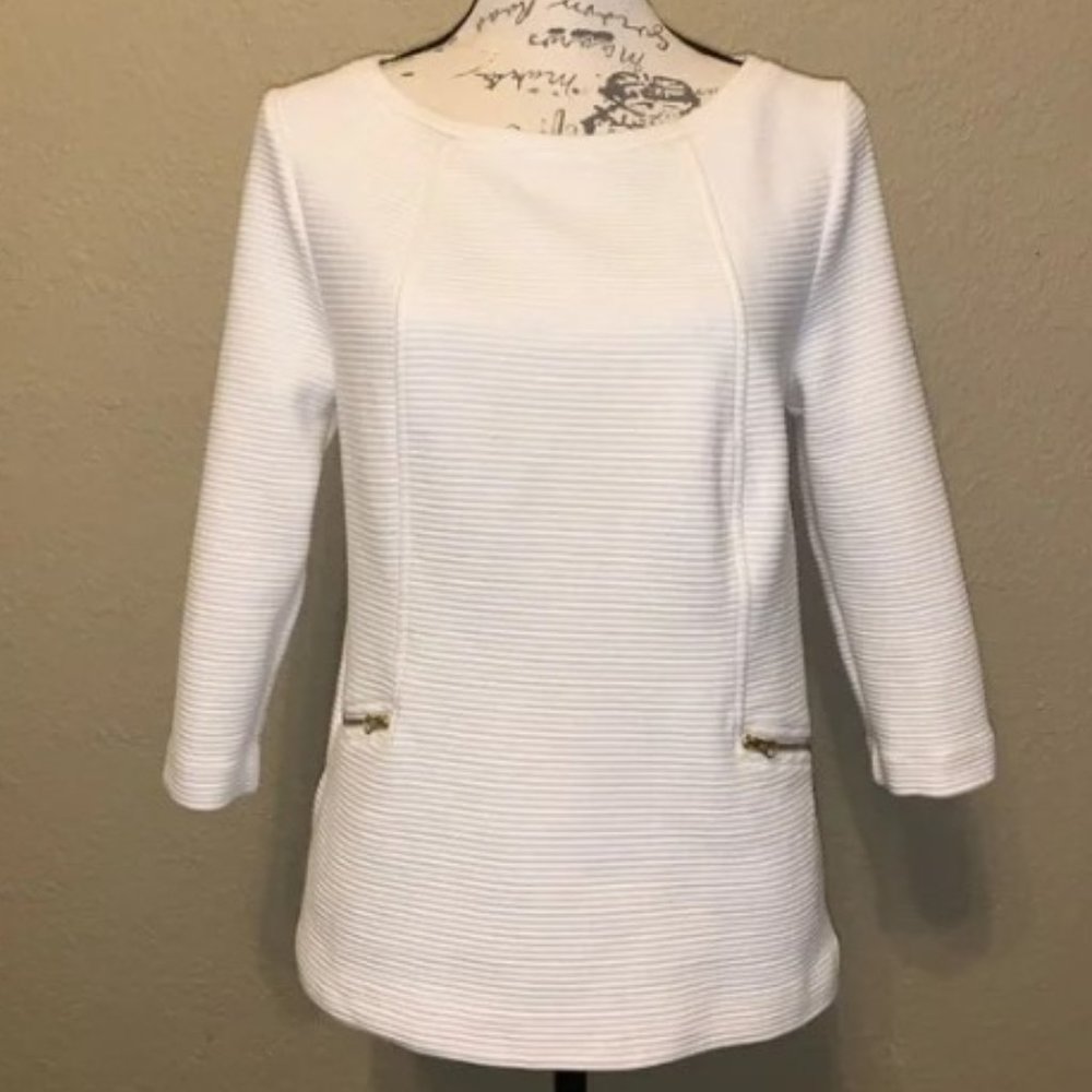 Boden - Ottoman Ribbed Pullover Sweater, 3/4 Sleeve w/ Zippers | Size 10 | White